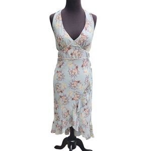 Vtg 90s Y2k Heart Moon Star Floral Halter Dress Ruffle Hem USA Dusty Blue Midi M